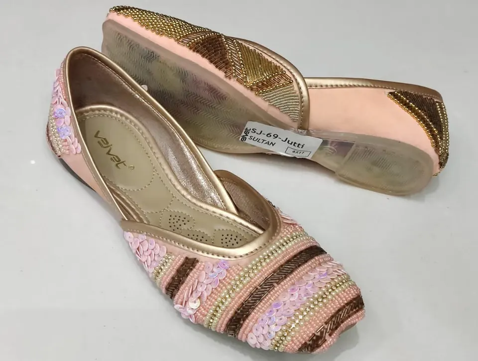 Embellished party wear bellies for women in pink and gold