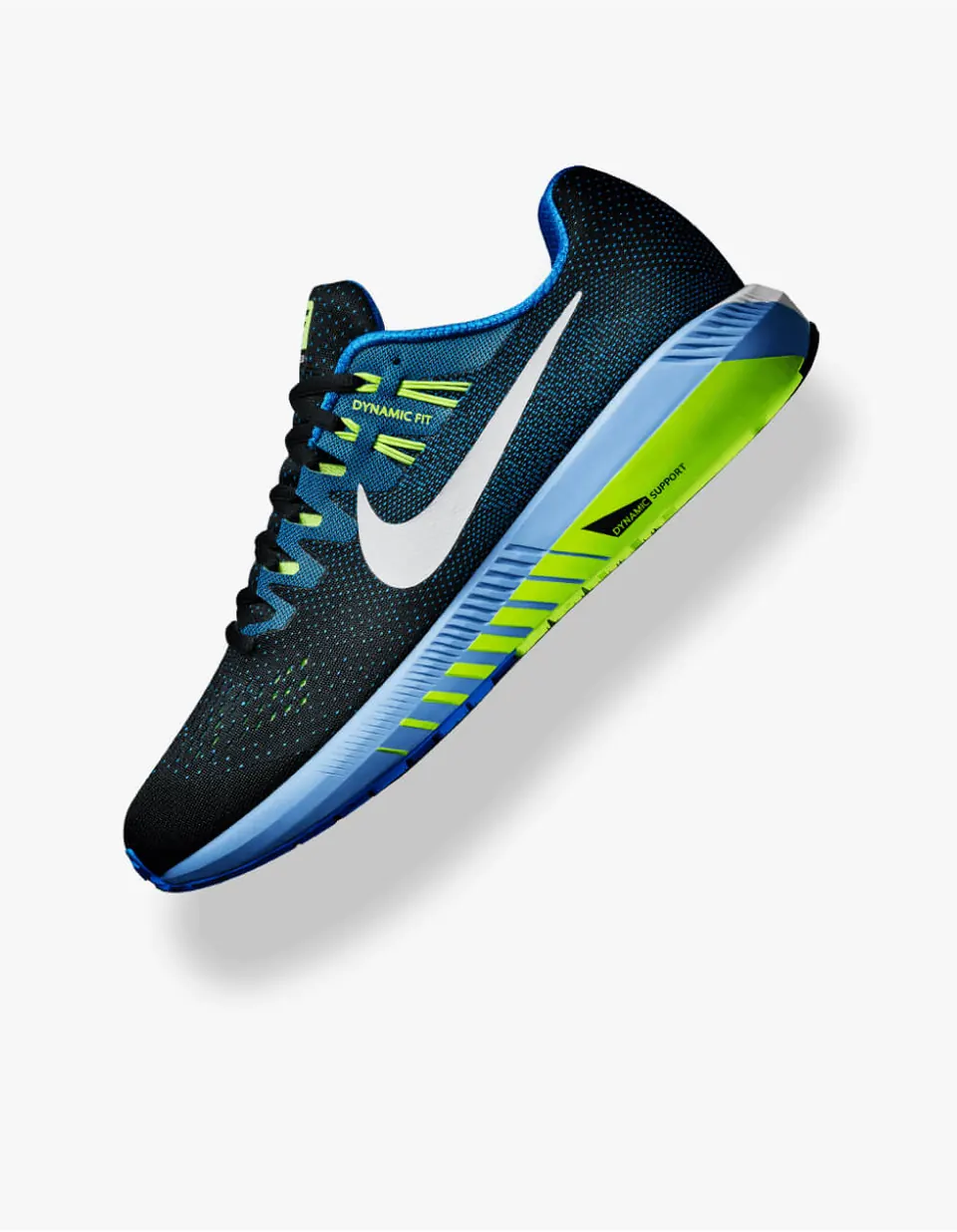Blue and green cushioned running shoes